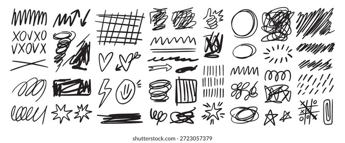 Scribble doodle handgezeichnete chaotische Tintenstriche gesetzt. Freihandlinien und -formen. Handgezeichnete Bleistiftzwölbungen und schwarzer Marker wirbeln, Stiftskizze. Vektorgrafik