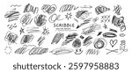 Scribble. Doodle ink strokes. Freehand lines, shapes, loops. Hand drawn spontaneous markings, messy black marker swirl, pen abstract sketch, pencil curves. Vector set.