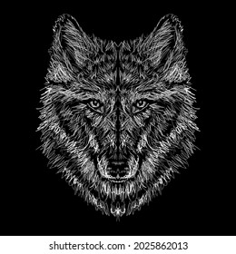 Scribble and doodle Isolated muzzle of a wolf like a childish Kinetic Drawing. Spontaneous lines on black background. Can be used for t-shirt, poster, tattoo, textile, element for card design. Hand dr