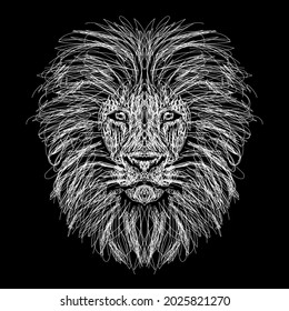 Scribble and doodle lion head like a childish Kinetic Drawing. White spontaneous lines on black background. Continuous line