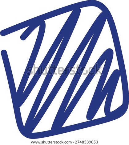 Scribble doodle mark with zigzag strokes inside a rounded square frame, bold handdrawn lines and rough edges. Symbol of spontaneity, creativity, energy, dynamic motion. Cartoon vector illustration.