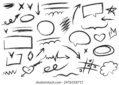 Scribble doodle paint underline children set, marker scratch, vector pen squiggle kit, black stoke. Kids hand drawn pencil abstract sketch, speech bubles, star, heart. Scribble doodle