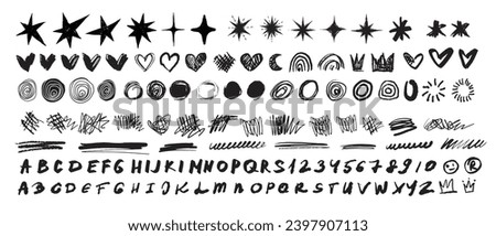 Scribble doodle paint underline children set, marker scratch, vector pen squiggle kit, black stoke. Kids hand drawn pencil abstract sketch, handwriting font alphabet, star, heart. Scribble doodle