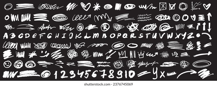 Scribble doodle paint underline set, children marker scratch, vector pen squiggle kit, black stoke. Kids hand drawn pencil abstract sketch, handwriting font alphabet, texture divider. Scribble doodle