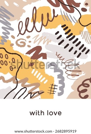 Scribble doodle poster with abstract shapes, elements. Vertical card design with modern pattern, creative curves, drawn brushstrokes, random spots and spatter texture. Flat vector illustration