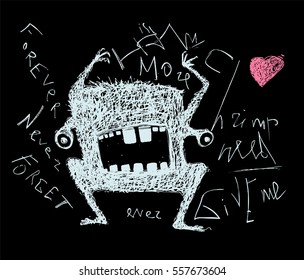 Scribble doodle scary monster on black.Hand drawn black and white freaky modern creature cartoon. Vector illustration.
