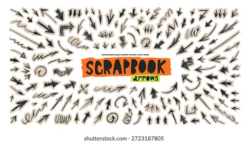 Scribble doodle scrapbook arrow set with crayon, charcoal or pencil texture. Hand drawn magazine and journal design elements for notes, journaling and presentation. Collage scribble arrow set.