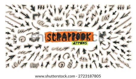 Scribble doodle scrapbook arrow set with crayon, charcoal or pencil texture. Hand drawn magazine and journal design elements for notes, journaling and presentation. Collage scribble arrow set.
