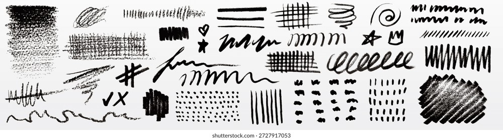 Rabiscar conjunto de rabiscos com traços de caneta de tinta e texturas de lápis - desenhado à mão linhas de lápis, marcas de pincel e esboços ásperos. O vetor grunge rabisca com formas abstratas e efeitos de carvão.