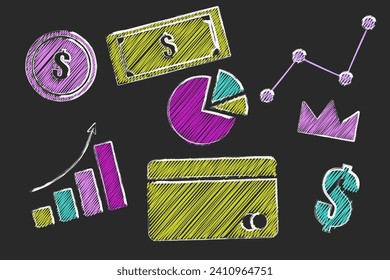 Scribble doodle set with money and finance, collage style infographic with neon colors