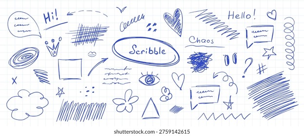 Scribble doodle set on notebook paper. Hand drawn blue ink elements for design. Speech bubbles, arrows, hearts and shapes. Vector illustration for creative projects.