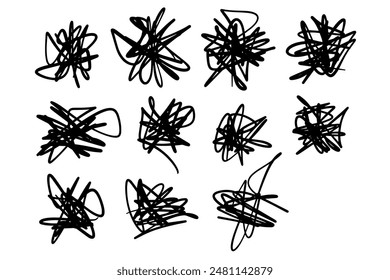 Scribble doodle set, paint underline children marker scratch, vector pen squiggle kit, black stroke. Hand drawn pencil abstract sketch, texture. Scribble doodle