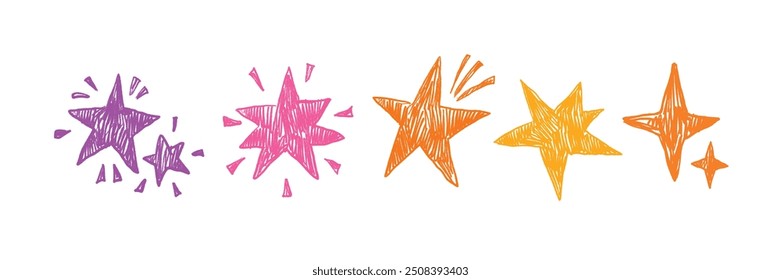 Scribble doodle star set, ilustração de crianças de giz de cera desenhado à mão vetor, forma de textura de lápis de cor. Feriado groovy fogo de artifício, arte grunge marcador ingênuo, desenho cintilante bebê jardim de infância. Desenhar arte estelar