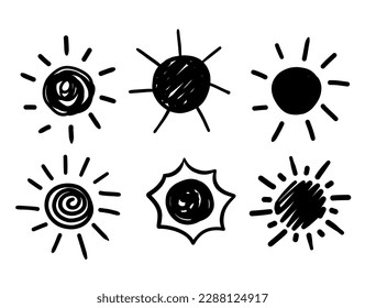 Scribble doodle sun hand drawn simple drawing vector icon weather climate positive emotion set
