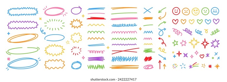 Scribble doodle underline emphasis line shape set. Hand drawn brush stroke highlight speech bubble cloud sparkle arrow element in childish drawing style. Simple vector illustrations. Editable stroke.