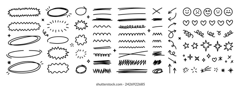 Scribble doodle underline emphasis line shape set. Hand drawn brush stroke highlight speech bubble cloud sparkle arrow element in childish drawing style. Simple vector illustrations. Editable stroke.