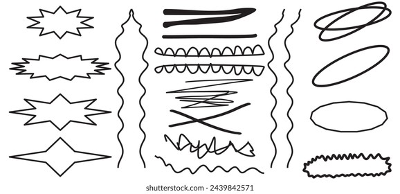 Scribble doodle underline emphasis line shape set. Hand drawn brush stroke elements