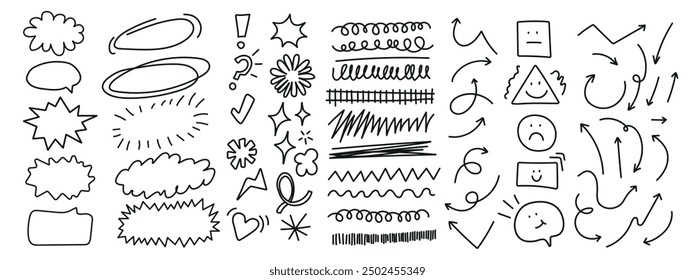 Conjunto de formas de línea de énfasis de subrayado de garabato. Dibujado a mano trazo de pincel, resaltado, burbuja de discurso, subrayado, elemento de chispa. Trazo editable. Ilustración vectorial.
