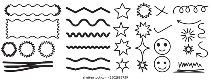 Scribble doodle underline emphasis line shape set. Hand drawn brush stroke highlight speech bubble cloud sparkle arrow element in childish drawing style. Simple vector illustrations. Editable stroke.