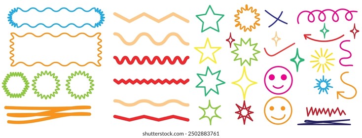 Scribble doodle underline emphasis line shape set. Hand drawn brush stroke highlight speech bubble cloud sparkle arrow element in childish drawing style. Simple vector illustrations. Editable stroke.