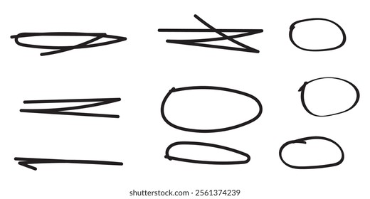 Scribble doodle underline emphasis line shape set. Hand drawn brush stroke element in childish drawing style. Simple vector illustrations.