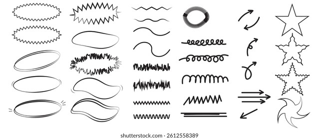 Scribble doodle underline emphasis line shape set. Hand drawn brush stroke highlight speech bubble cloud sparkle arrow element in childish drawing style. Simple vector illustrations.