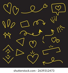Scribble doodle underline emphasis line shape set. Hand drawn brush stroke highlight speech bubble cloud sparkle arrow element in childish drawing style. Simple vector illustrations. Editable stroke. 