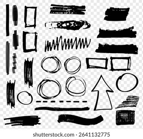 Scribble doodle underline emphasis line shape set. Hand drawn brush stroke highlight speech bubble cloud sparkle arrow element in childish drawing style. Simple vector illustrations. Editable stroke.