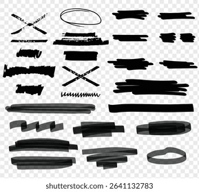 Scribble doodle underline emphasis line shape set. Hand drawn brush stroke highlight speech bubble cloud sparkle arrow element in childish drawing style. Simple vector illustrations. Editable stroke.