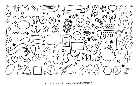 Scribble doodle Unterstreichen Linie Form gesetzt. Handgezeichnete Pinselstrich markieren Sprache Blase Wolke funkeln Pfeilelement in kindlichen Zeichnungsstil. Einfache Vektorgrafiken. Bearbeitbarer Strich.