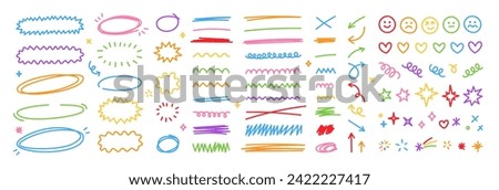 Scribble doodle underline emphasis line shape set. Hand drawn brush stroke highlight speech bubble cloud sparkle arrow element in childish drawing style. Simple vector illustrations. Editable stroke.