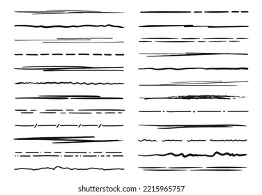 Scribble Doodle Underlines. Black Pen, Paint Brush Or Ink Rough Strokes, Grunge Vector Dash Lines Or Graphic Separators. Brush Handwritten Underlines, Borders Or Scribbles, Spacer, Divider