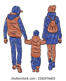 Scribble drawing of young parents with child walking outdoors