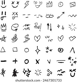 Scribble Emoji Trshaloy, hand drawn random emoji, charcoal, marker brush, ink brush, creative various shapes, pencil drawn icons. random shape collection, abstract black and white doodle, creative all