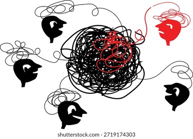 Rabiscar conceito de conflito emocional com linhas emaranhadas. A rede caótica de rabiscos destaca tensão emocional, estresse e conexão perturbada entre as pessoas, mostrando intenso conflito interno e sobrecarga mental.