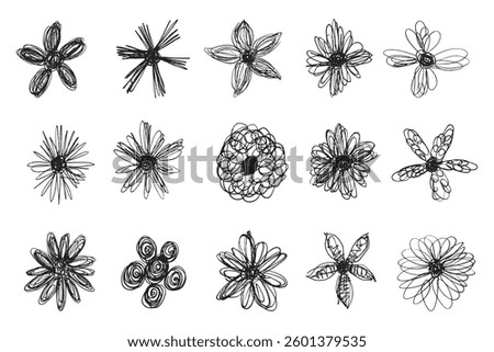 Scribble floral set, messy lines flower head set. Tangled chaotic crazy lines flower collection. Scrawl messy lines forming creative flower shapes. 