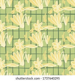 Scribble flower seamless pattern on green background. Hand drawn floral endless wallpaper. Decorative backdrop for fabric design, textile print, wrapping paper, cover. Vector illustration