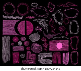 Scribble frames, lines and dots texture backgrounds vector collection. Pen hand drawn borders, design creative elements. Vintage line frames, grunge dot particles shapes. Curve freehand stripes.