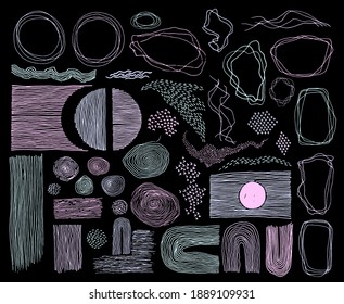 Scribble frames, lines and dots texture backgrounds vector collection. Pen drawn fingerprint abstract design elements. Vintage line frames, grunge dot particles shapes. Minimal linear handdrawn set