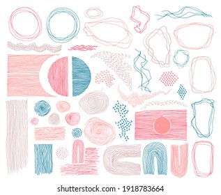 Scribble frames, lines and dots texture backgrounds vector collection. Pencil freehand borders, design creative elements. Line frames, grunge dot particles shapes. Thin stripes scribbles.
