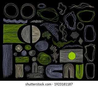 Scribble frames, lines and dots texture backgrounds vector collection. Pen hand drawn borders, design creative elements. Line frames, grunge dot particles shapes. Accent underline stripes.