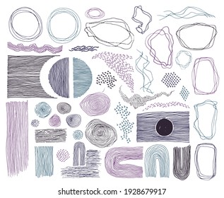 Scribble frames, lines and dots texture backgrounds vector collection. Pen drawn fingerprint abstract design elements. Line frames, grunge dot particles shapes. Sketch grunge set.