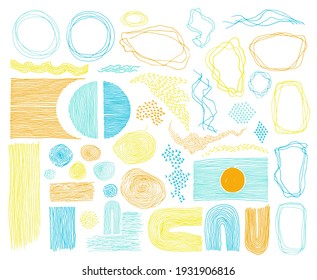 Scribble frames, lines and dots texture backgrounds vector collection. Pen hand drawn borders, design creative elements. Line frames, grunge dot particles shapes. Curve freehand stripes.