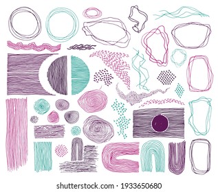 Scribble frames, lines and dots texture backgrounds vector collection. Pencil freehand borders, design creative elements. Line frames, grunge dot particles shapes. Sketch grunge set.