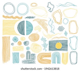 Scribble frames, lines and dots texture backgrounds vector collection. Pencil drawn fingerprint abstract design elements. Line frames, grunge dot particles shapes. Minimal linear handdrawn set