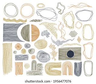 Scribble frames, lines and dots texture backgrounds vector collection. Pen drawn fingerprint abstract design elements. Vintage line frames, grunge dot particles shapes. Accent underline stripes.