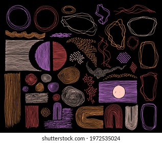 Scribble frames, lines and dots texture backgrounds vector collection. Pen hand drawn borders, design creative elements. Vintage line frames, grunge dot particles shapes. Sketch grunge set.