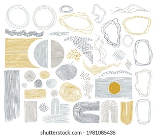 Scribble frames, lines and dots texture backgrounds vector collection. Pen drawn fingerprint abstract design elements. Line frames, grunge dot particles shapes. Sketch grunge set.