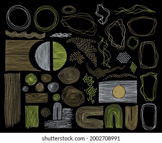 Scribble frames, lines and dots texture backgrounds vector collection. Pen drawn fingerprint abstract design elements. Vintage line frames, grunge dot particles shapes. Curve freehand stripes.