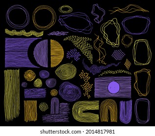 Scribble frames, lines and dots texture backgrounds vector collection. Pencil freehand borders, design creative elements. Vintage line frames, grunge dot particles shapes. Cartoon ink graphic.